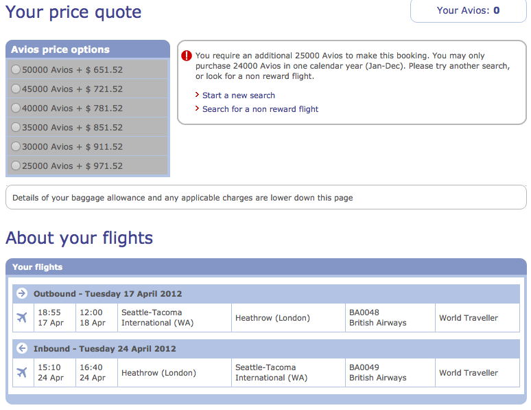SEA To Heathrow Avios Pts Cost
